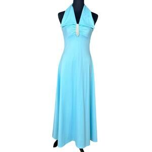 Vintage 1970s ILGWU Union Made Aqua Light Blue Empire Halter Formal Gown XS